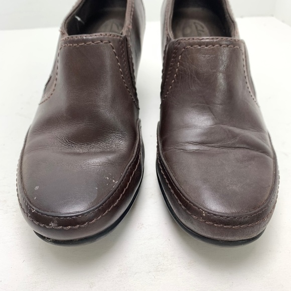 CLARKS Chocolate Brown Chunky Block High Heels Clogs Booties Leather Shoes 9 W - Picture 6 of 16
